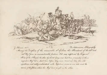 Korporal Stiles fra 1st Royals og Scotchy Greys, der fanger standarderne for det 45. og 105. regiment i slaget ved Waterloo, 18. juni 1815, litografi af R. Ackermann, 1815